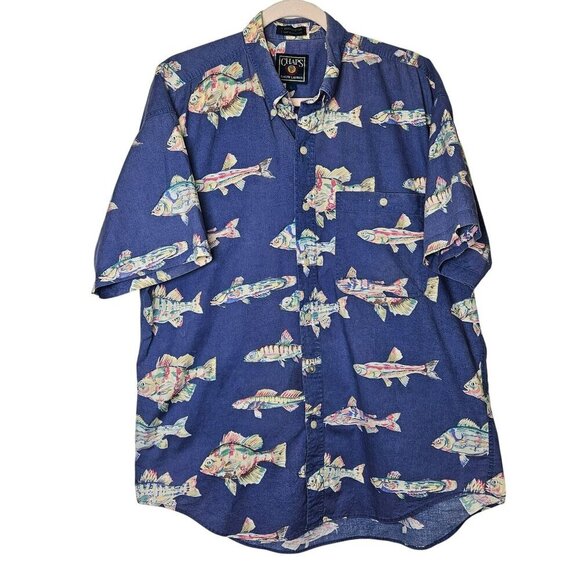 Chaps Vintage Ralph Lauren Blue Fish Rainbow Trout Shirt Large Novelty Print Fun - Picture 1 of 10